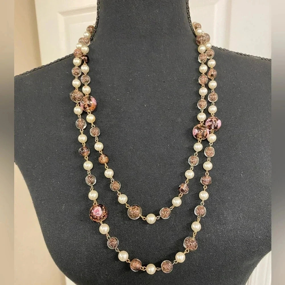 LONG 56" NECKLACE WITH "PEARLS" AND GLASS BEADS